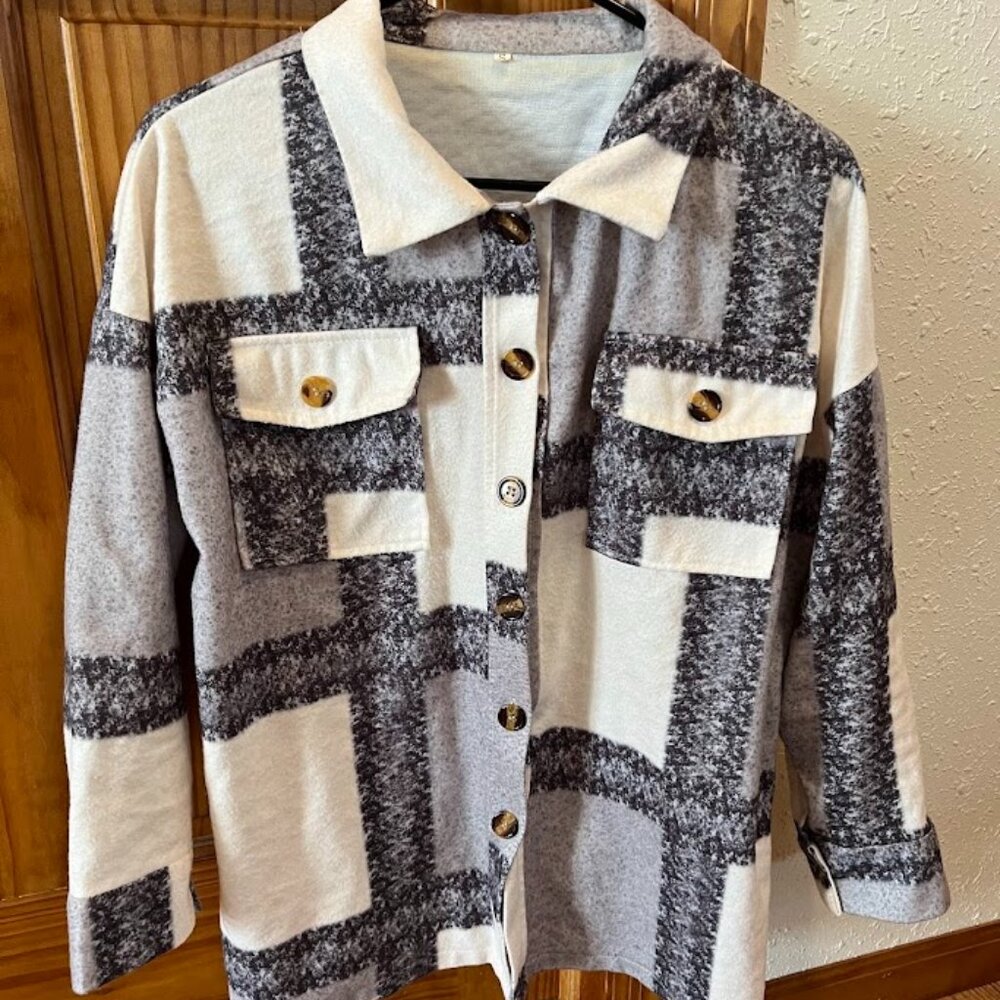 Unbranded Women's Oversized Flannel Shirt, Cream/Gray, Small